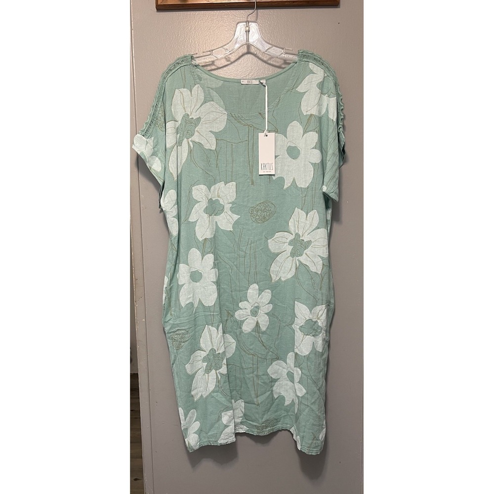 Kaktus NWT Linen SAGE floral Dress Made In Italy Size XL Pockets Vacation Boho